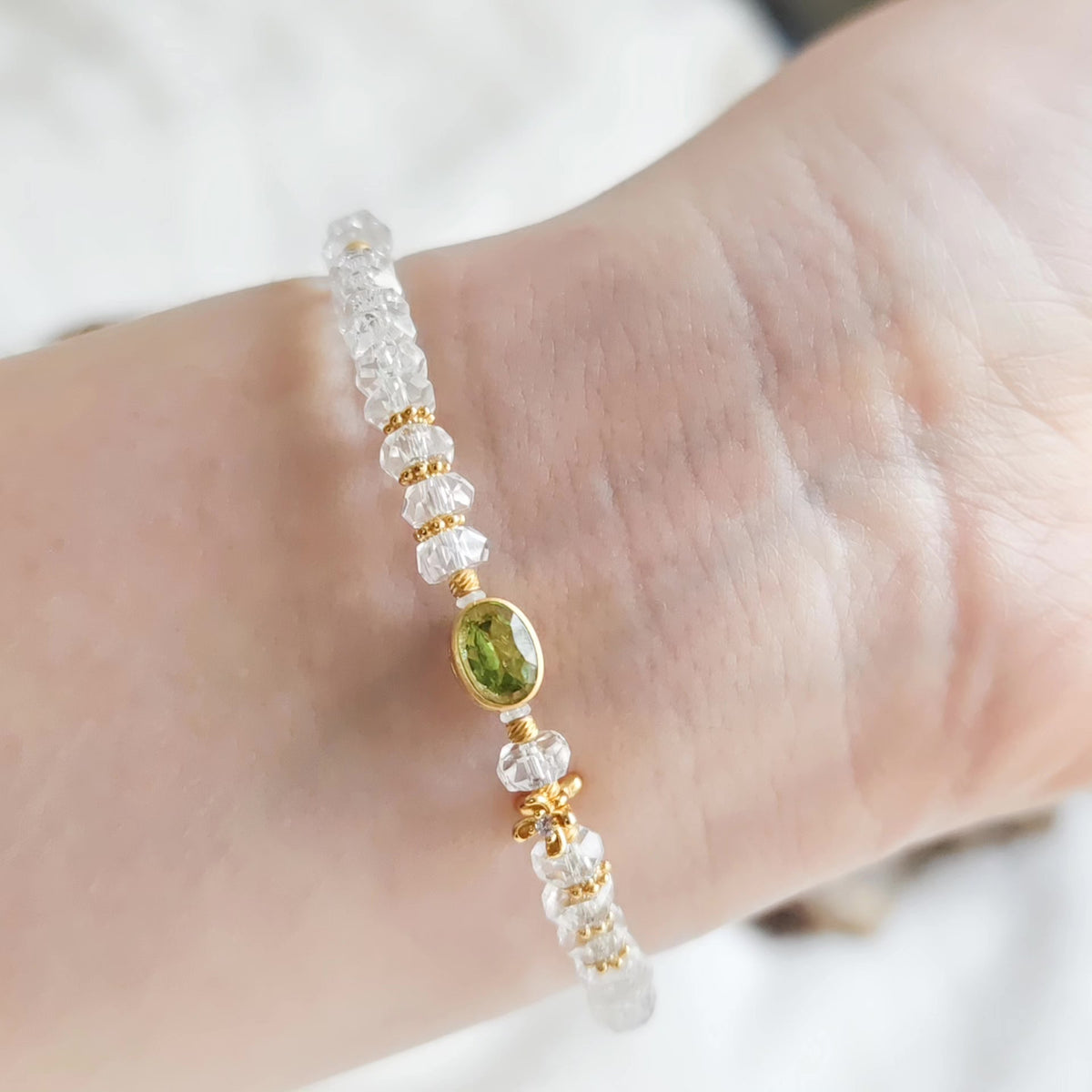 White Crystal Peridot Beaded Bracelet