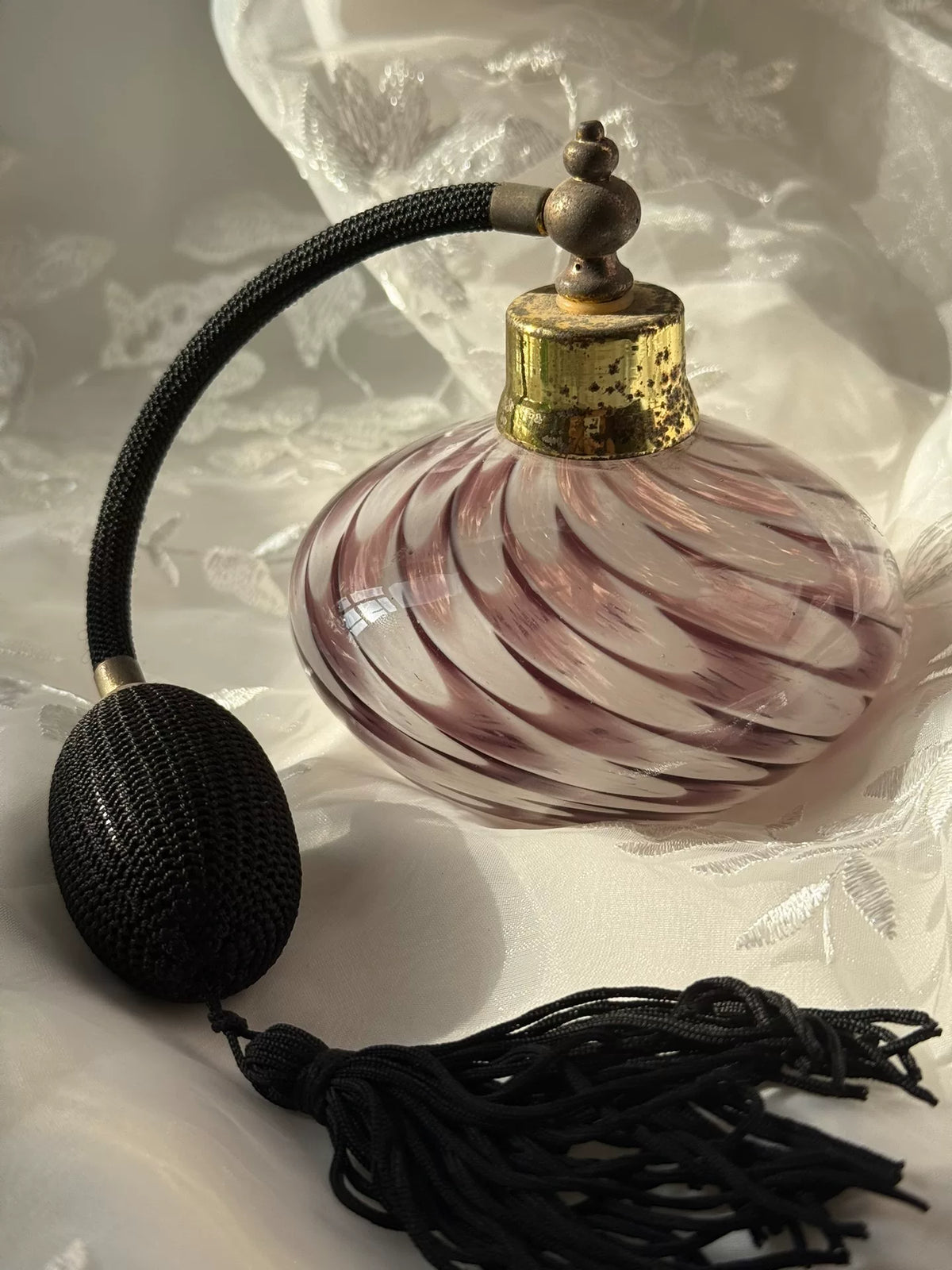 Vintage Glass Perfume Bottle White Purple Swirl