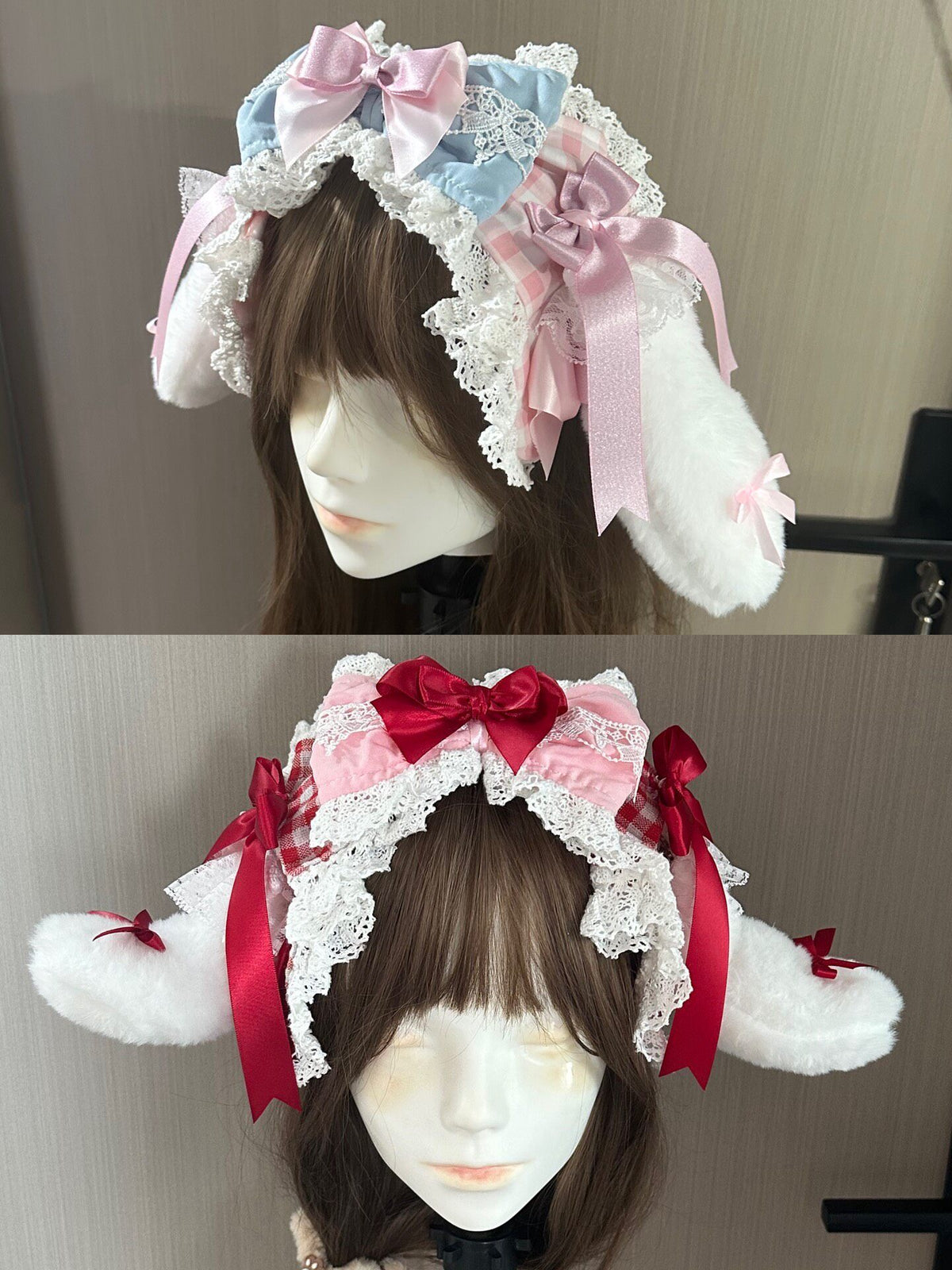 Handmade Lolita Rabbit Ear Headband with Detachable Faux Fur Ears