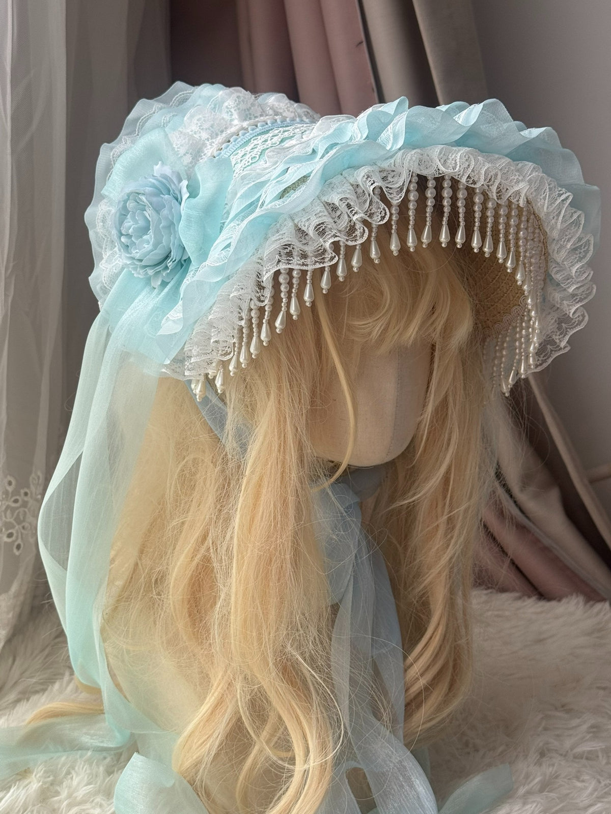 Handmade Water Blue Lace BNT Bonnet Hat