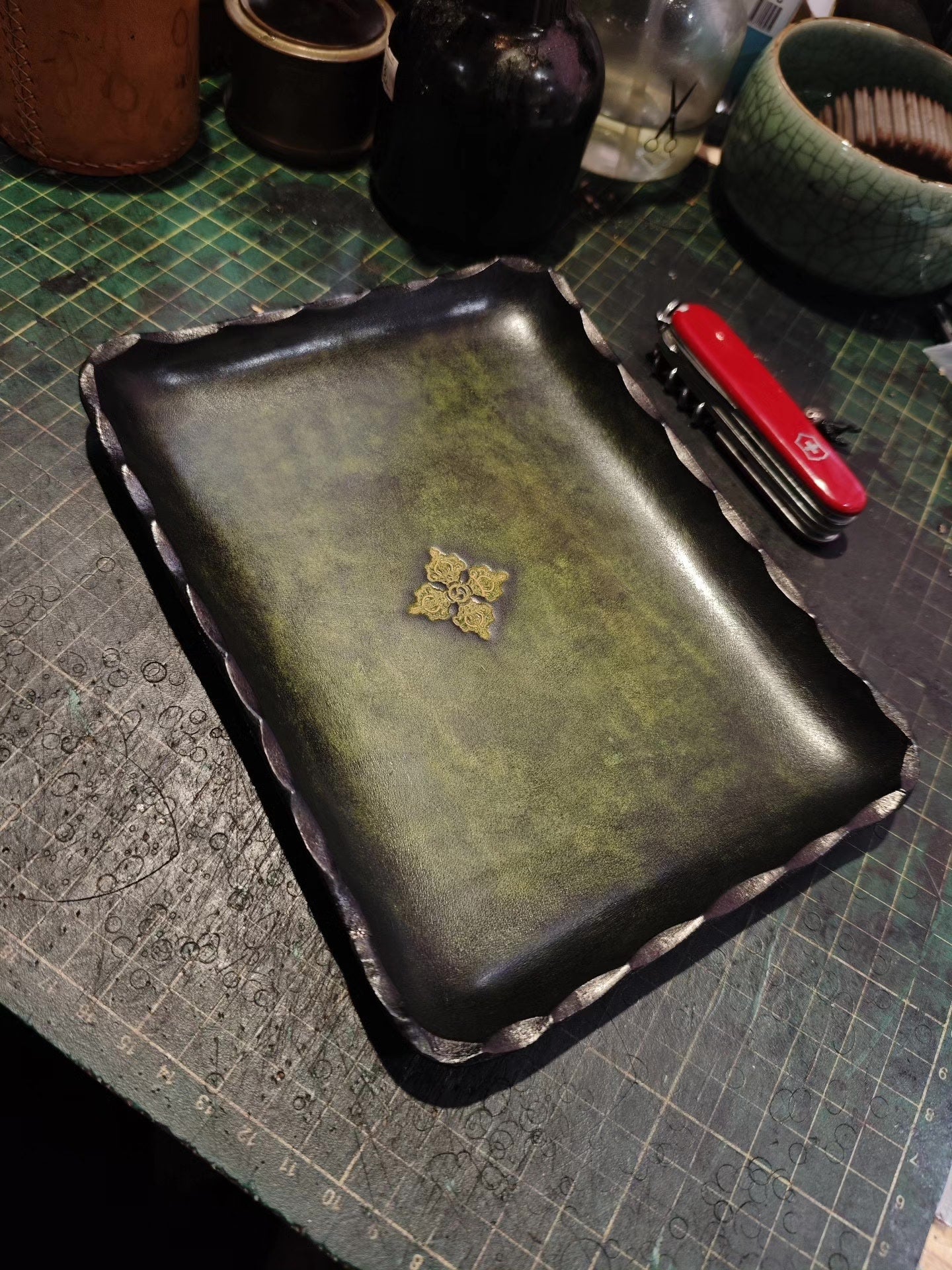 Antique Green Leather Rectangular Tray with Gold Carved Center and Scalloped Edges