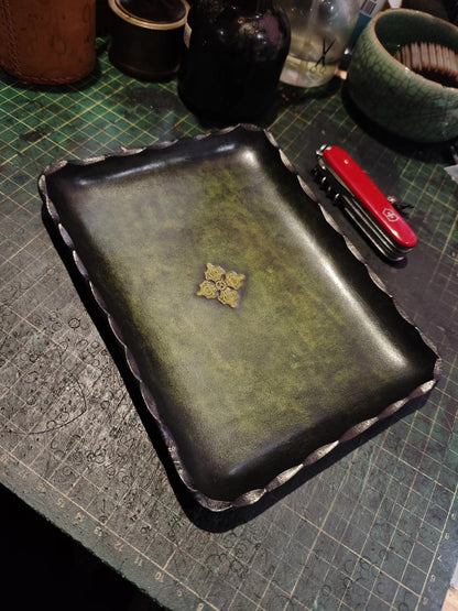 Antique Green Leather Rectangular Tray with Gold Carved Center and Scalloped Edges