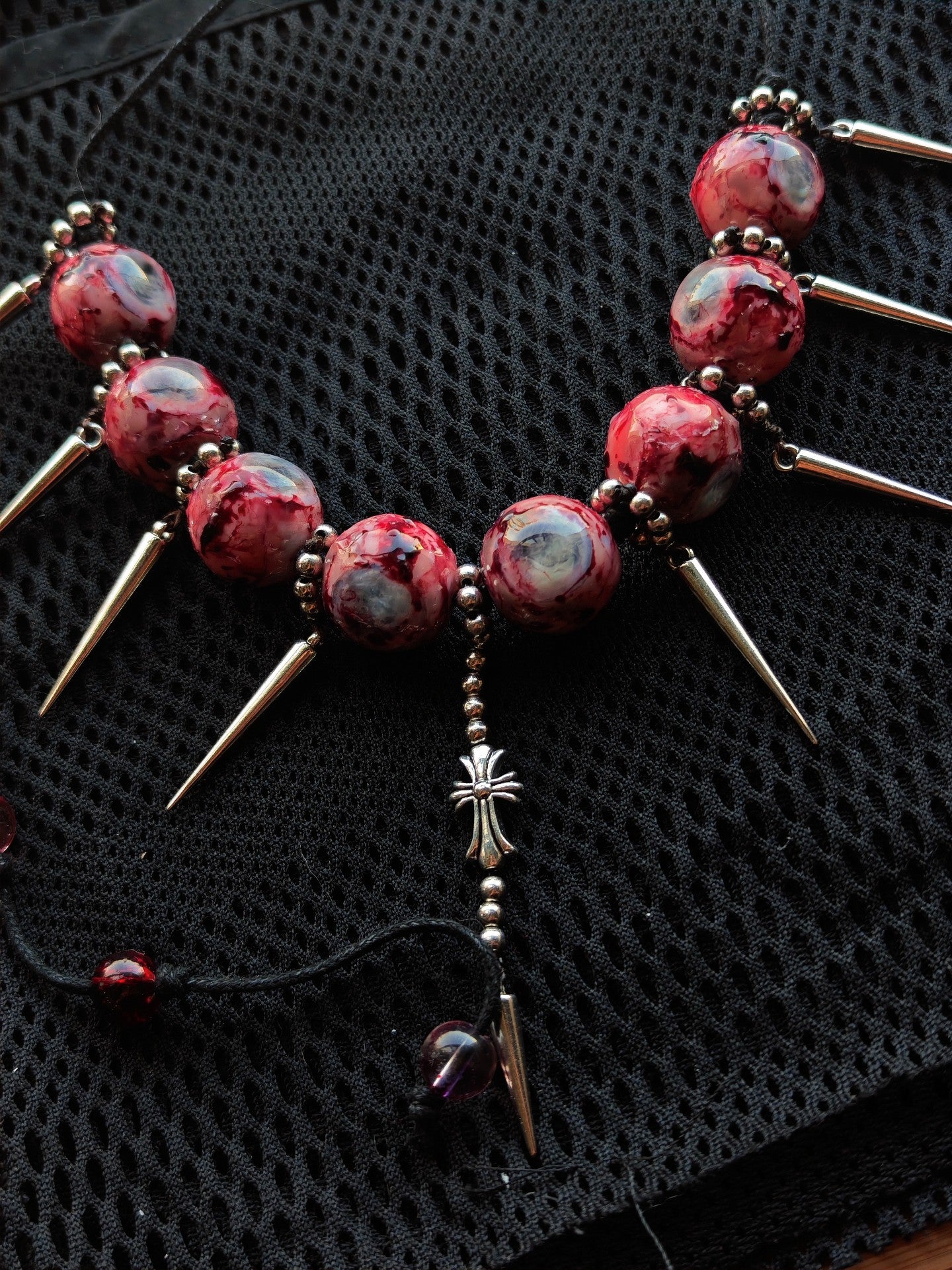 Cthulhu Eye Custom Clavicle Necklace with Resin Beads and Metal Spikes