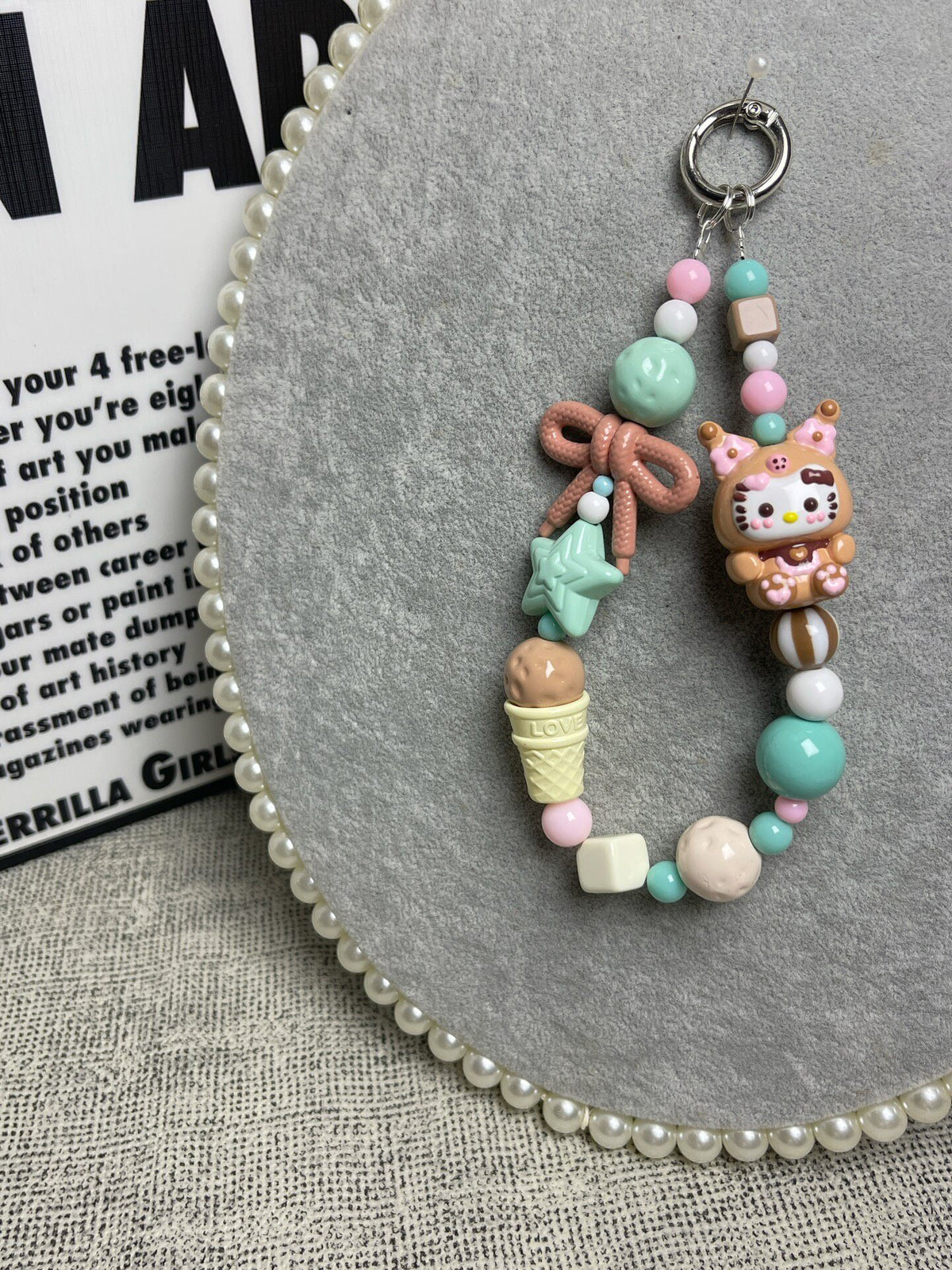 Handmade Kitty Phone Charm with Pastel Beads
