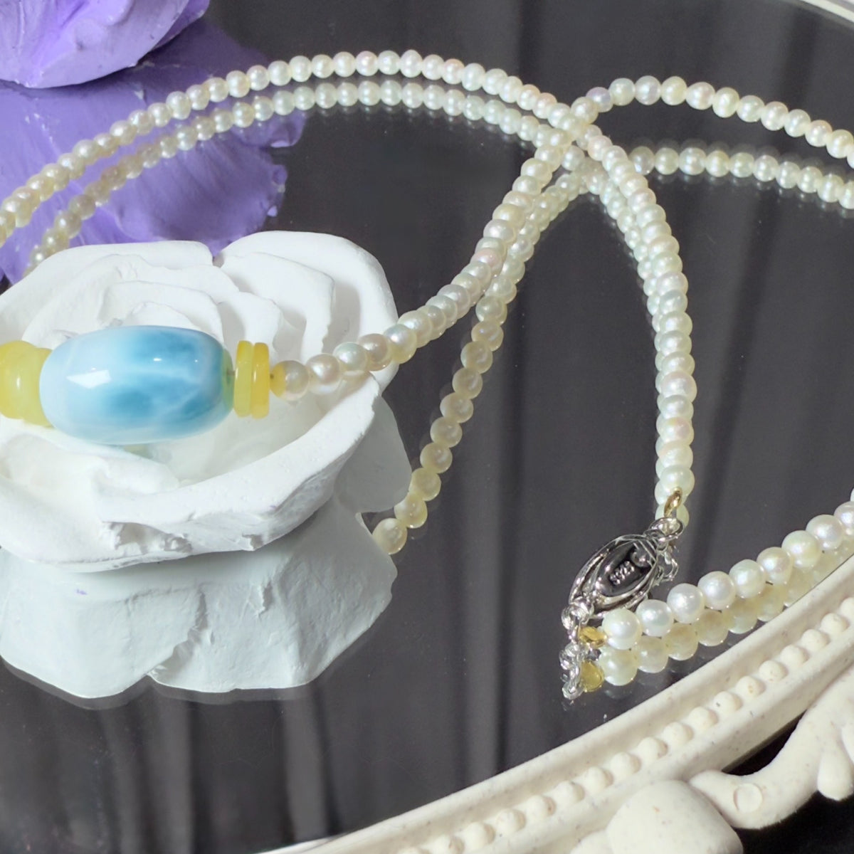 Collar de Larimar, Ámbar y Perlas con Cierre de Plata 925