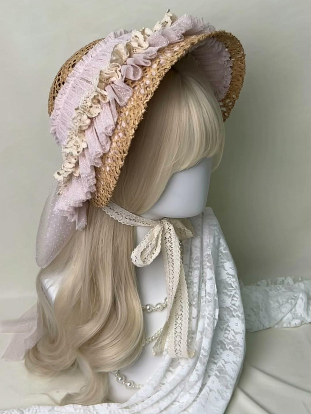 Antique Pink Ruffled Straw Bonnet
