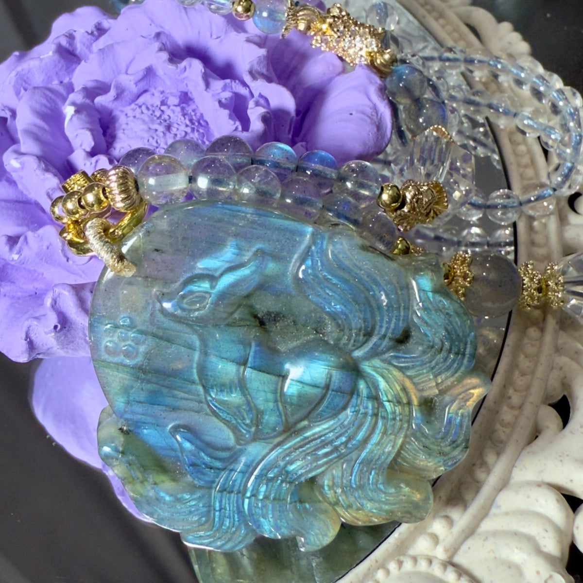 Hand Carved Labradorite Fox Pendant Necklace