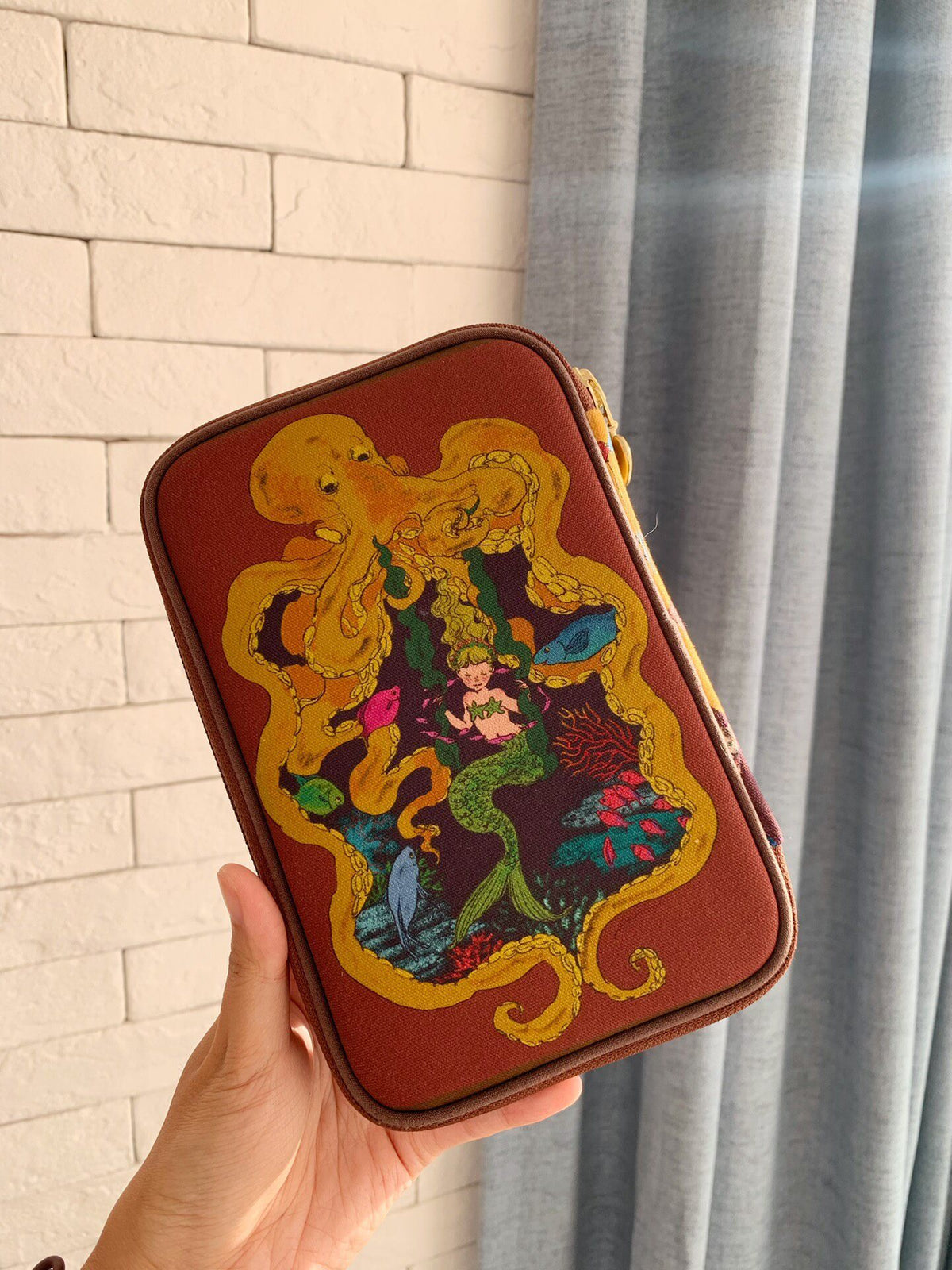 Zippered Oxford Fabric Case with Mermaid Illustration
