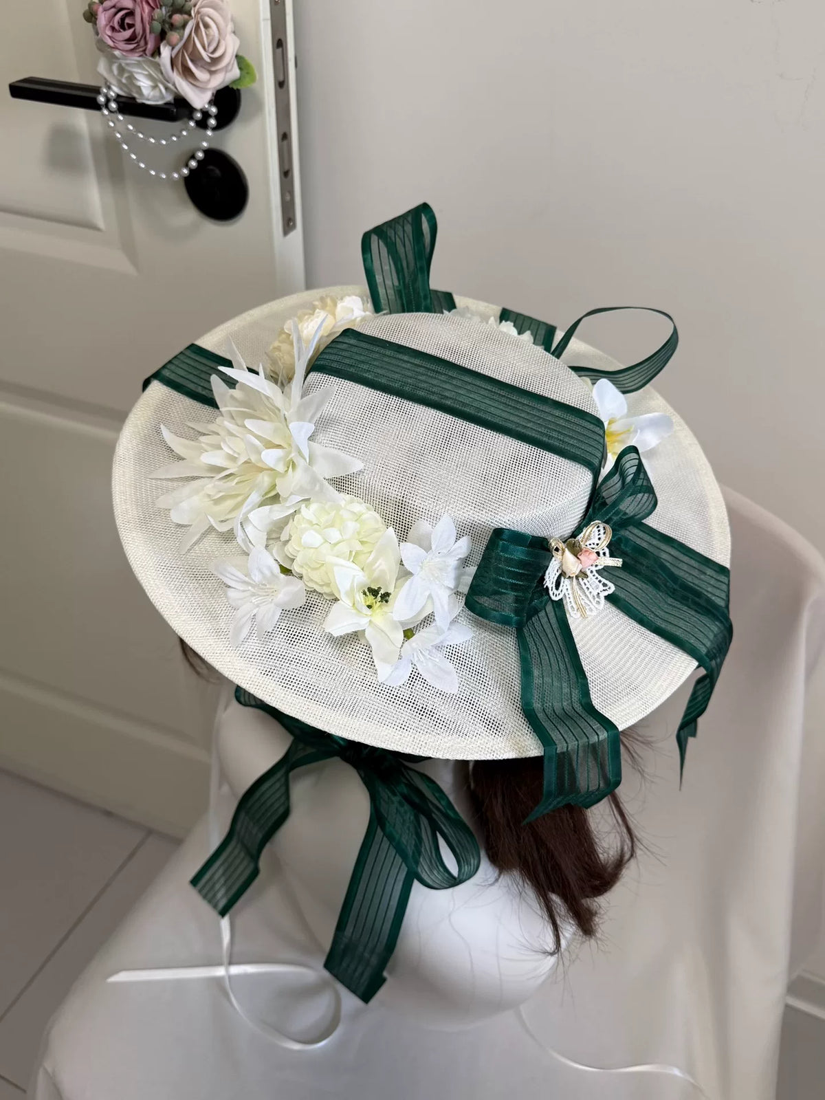 Sombrero de paja Lolita de ala ancha en verde