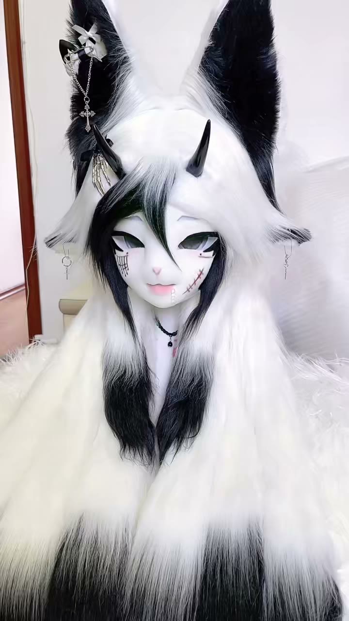 Furry Beast Head Cowl Zwart-wit Vacht