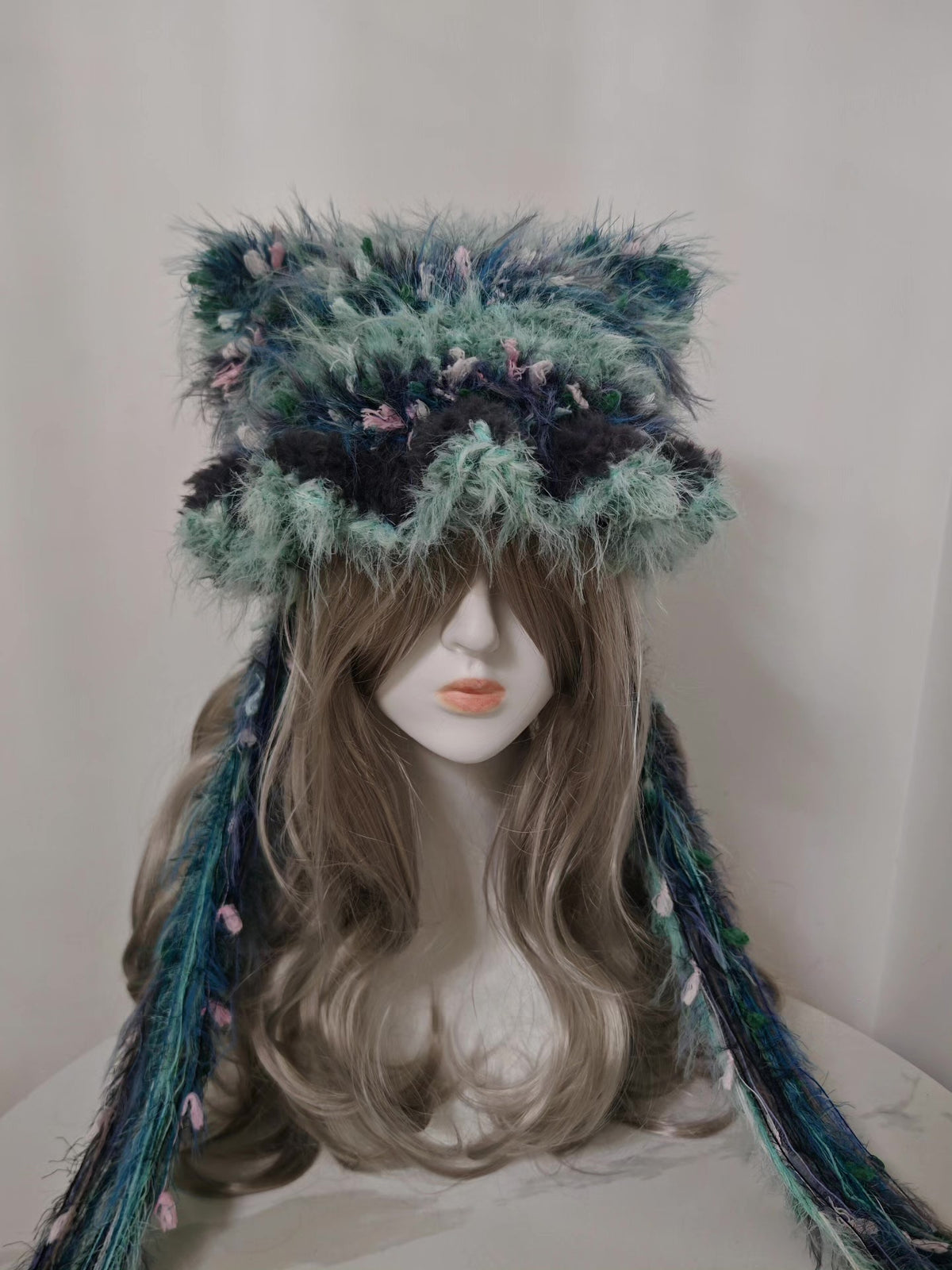Misty Blue Cat Ear Hat Handcrafted Mixed Fiber