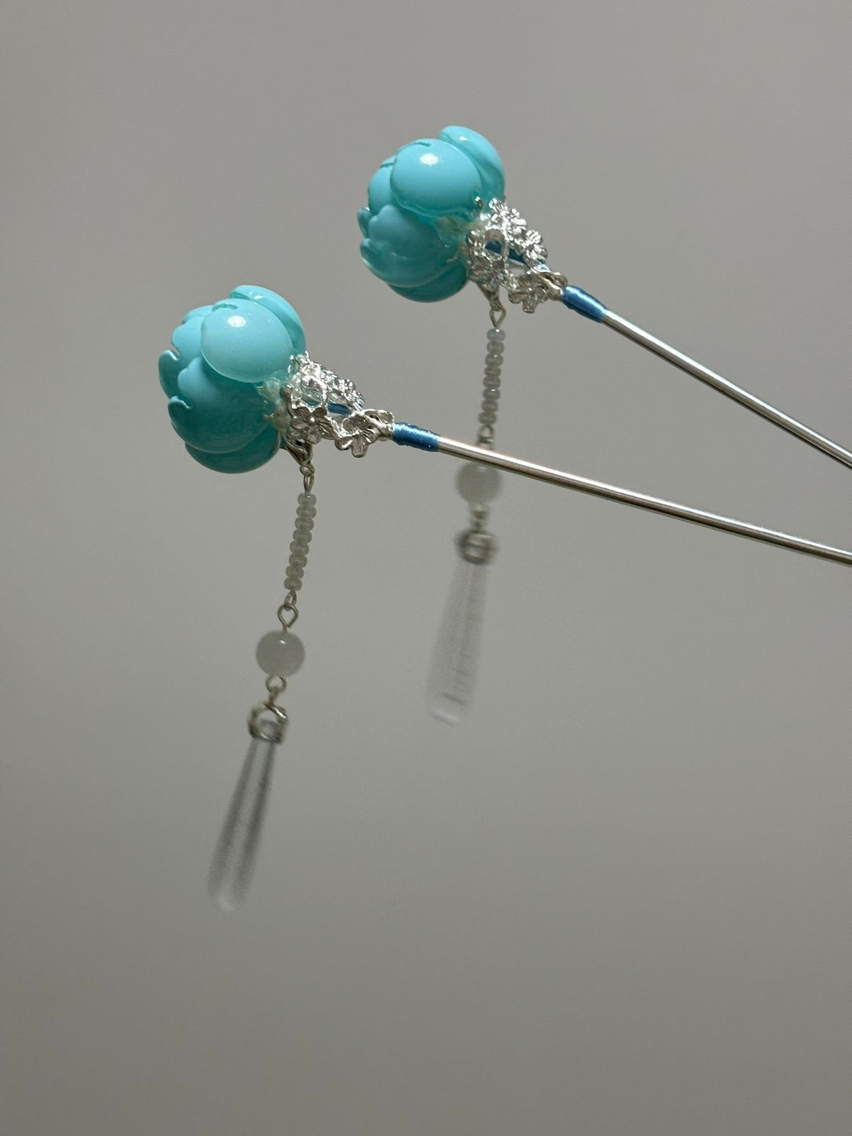 Liuli Turquoise Flower Hairpins with Tassels