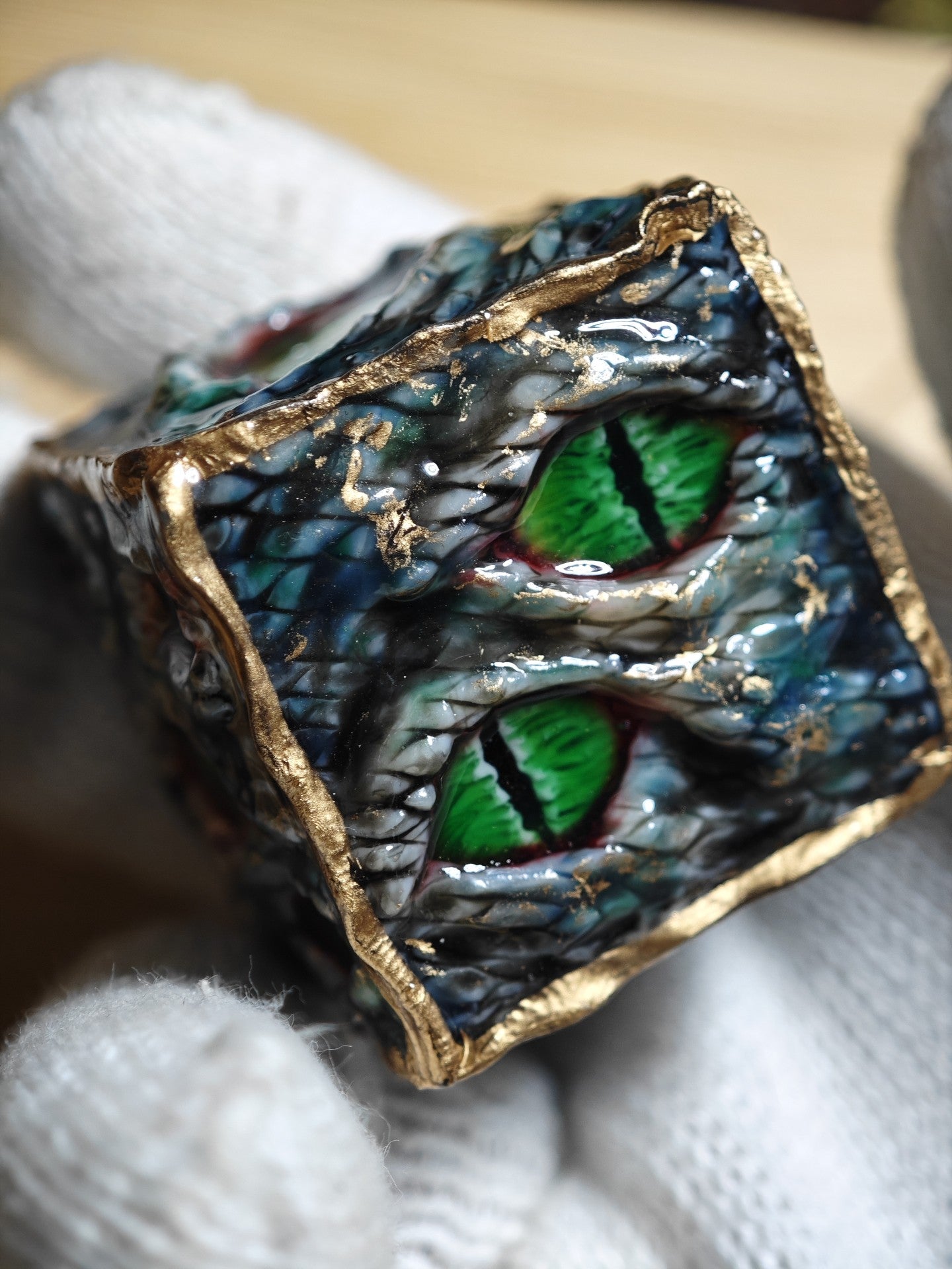 Custom Handmade Resin d20 Die with Snake Eye and Gold Leaf Design