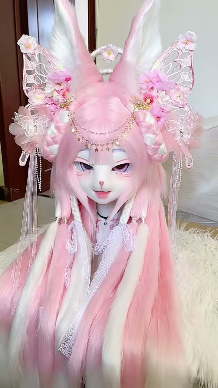 Pink White Fox Ear Headpiece with Wig