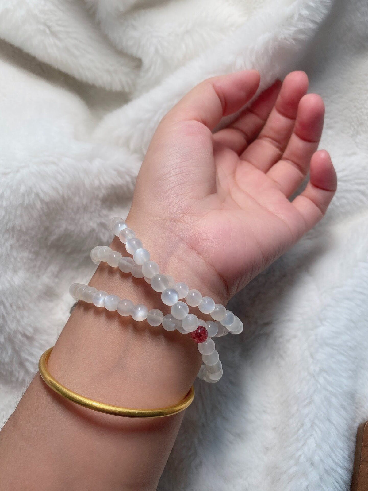 Triple Wrap Moonstone Bracelet with Strawberry Quartz