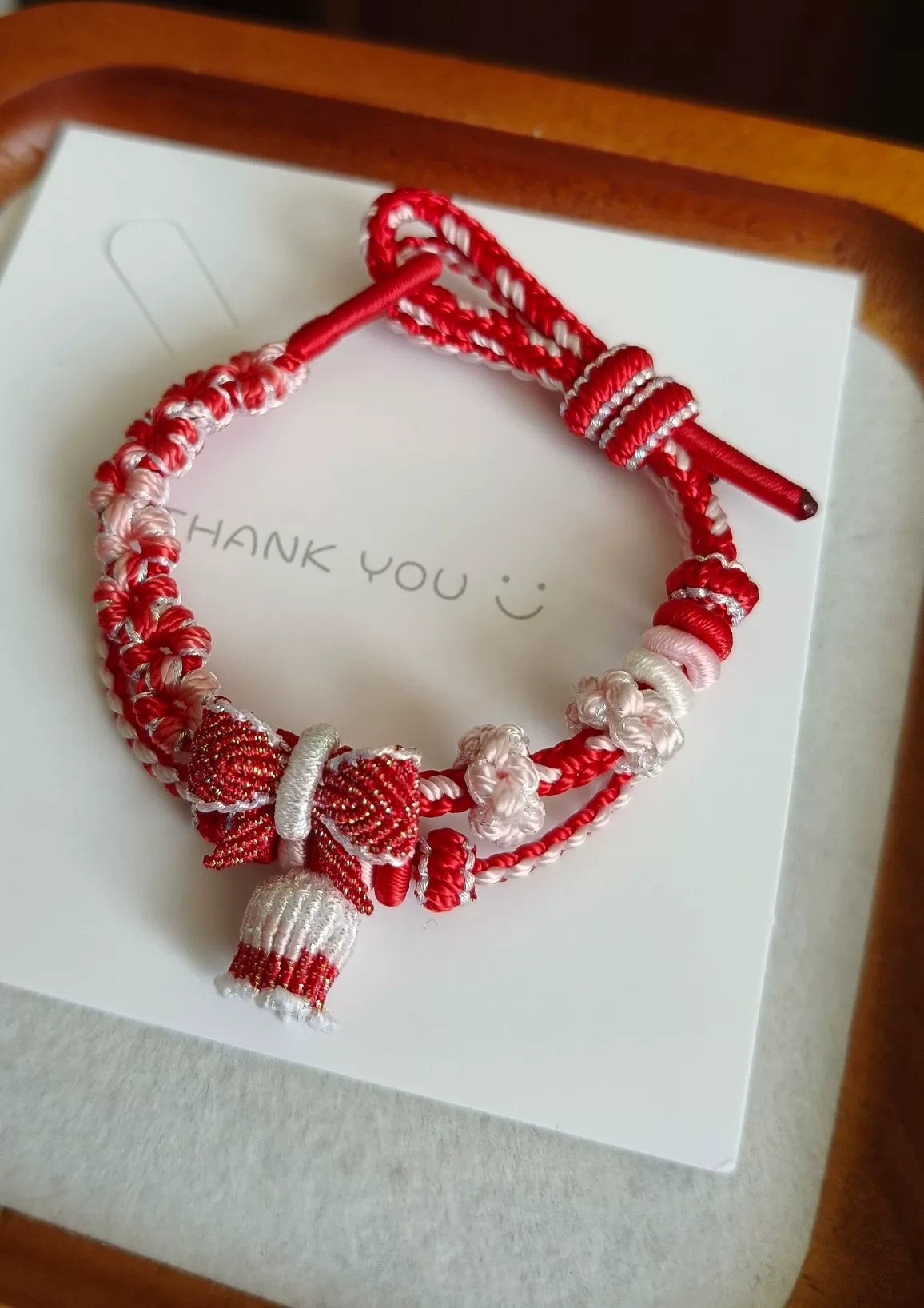 Handmade Braided Cord Bracelet Red White Bow