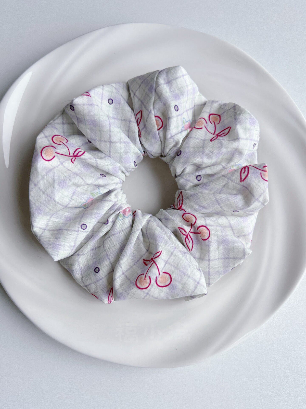 Vintage Cherry Plaid Fabric Hair Scrunchie