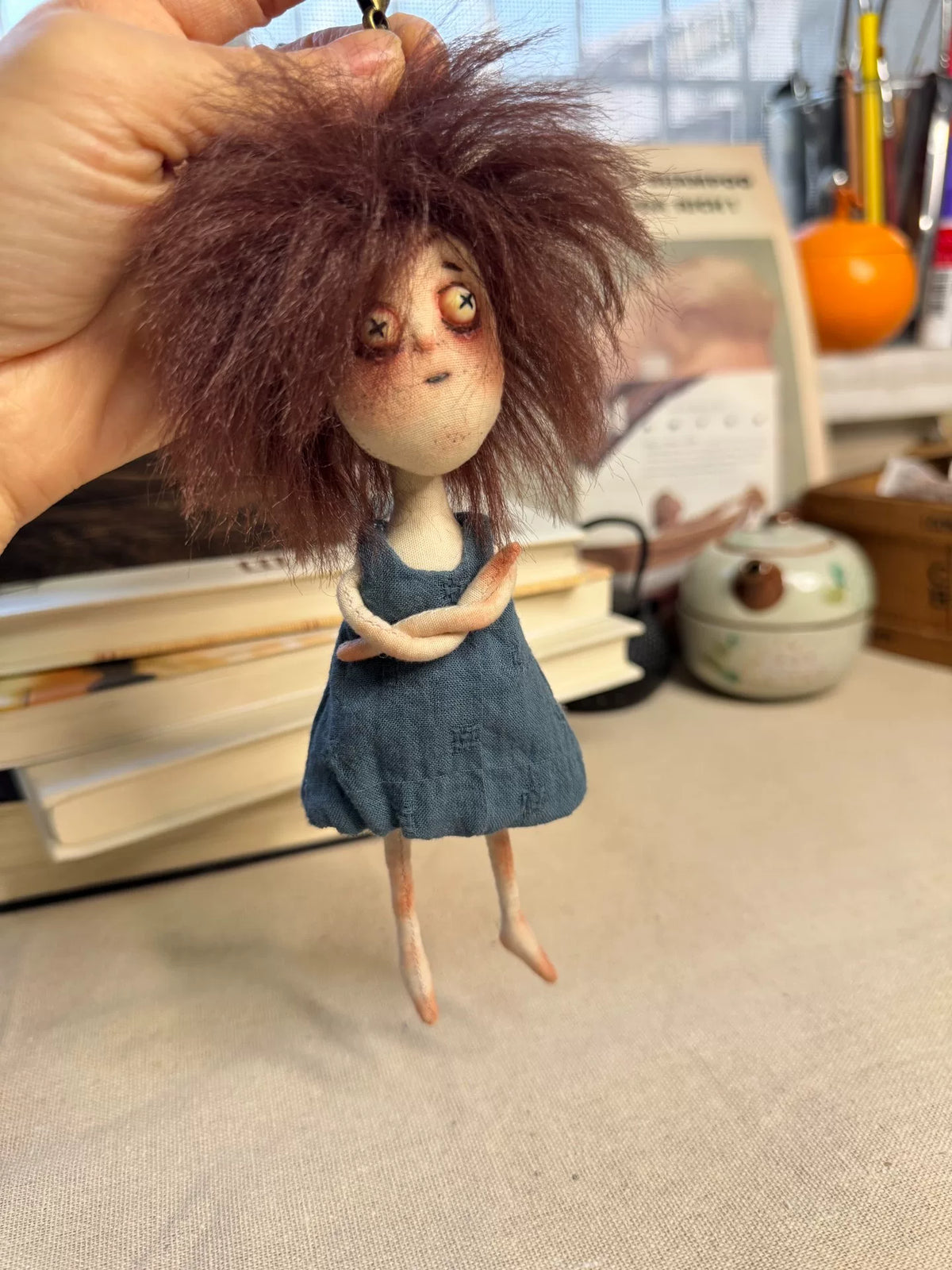 Handmade Fabric Keychain Doll with Blue Dress
