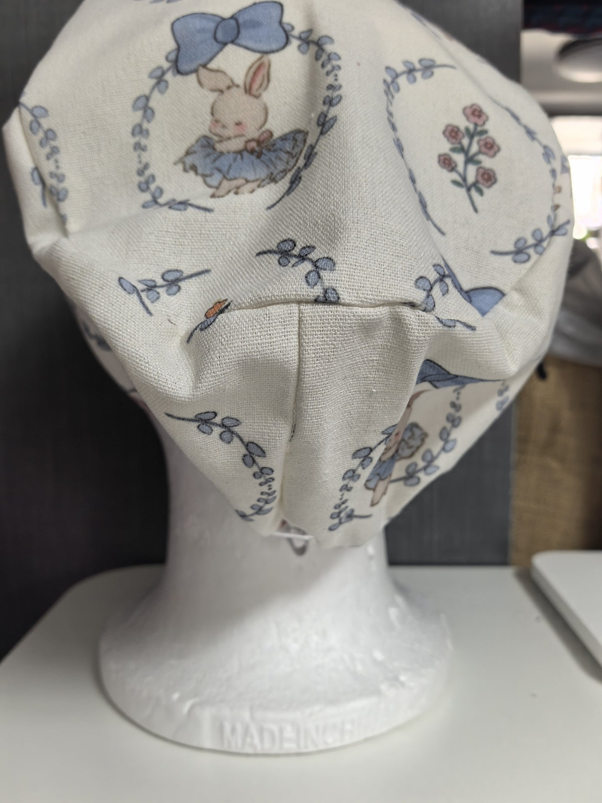 Cotton Linen Scrub Cap with Blue Rabbit Print
