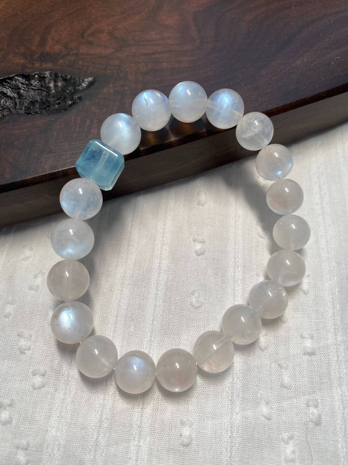 Blue Moonstone Bracelet with Aquamarine Cube