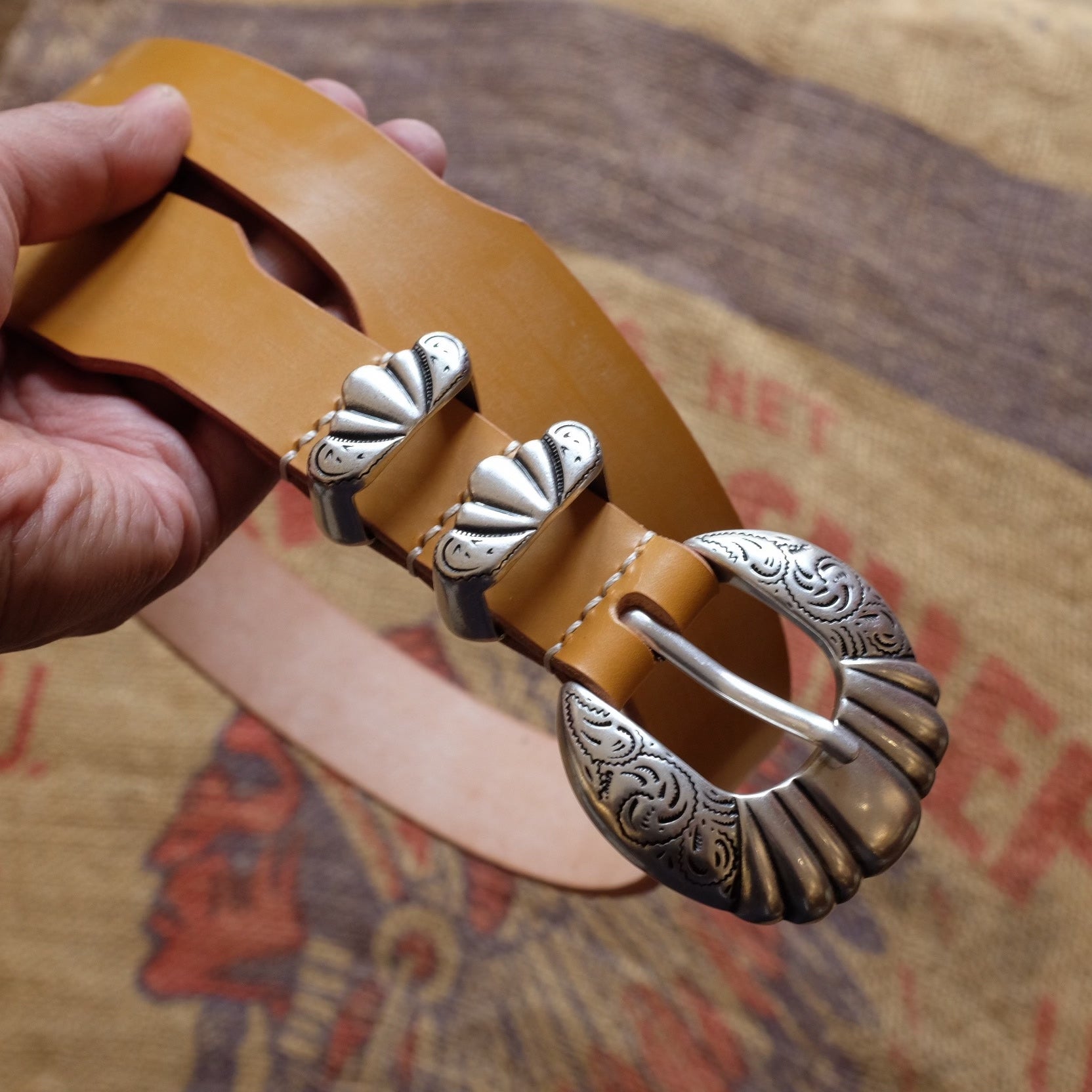 American Retro Carved Four-Piece Belt Set with Silver-Plated Copper Hardware and Tapered Leather Strap