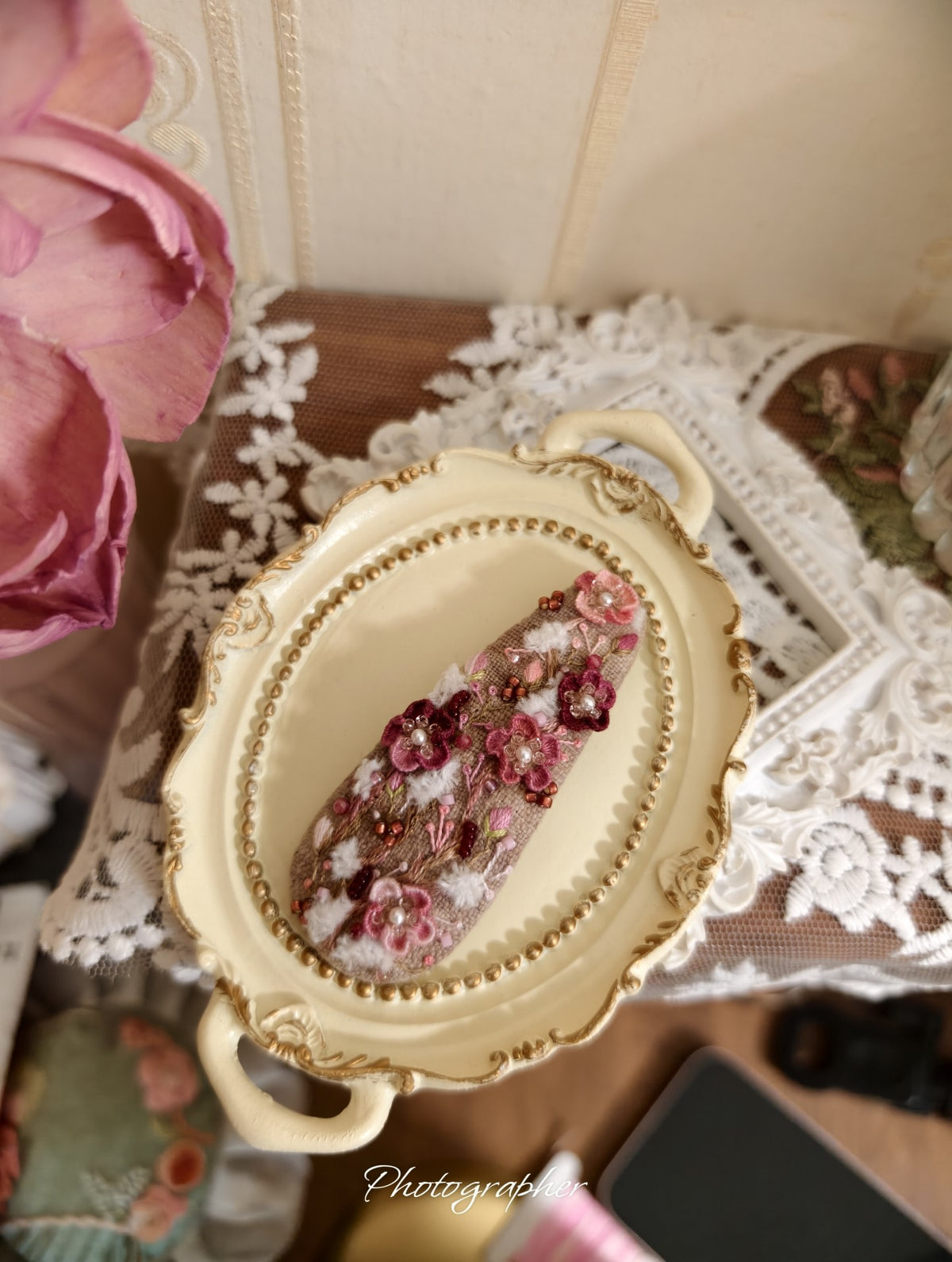 Handmade Embroidered Floral Hair Clips Set