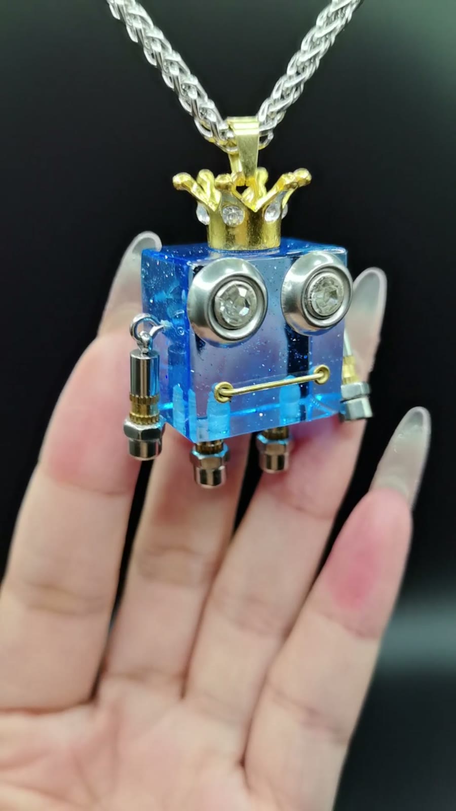 Blue Resin Robot Crown Pendant Necklace