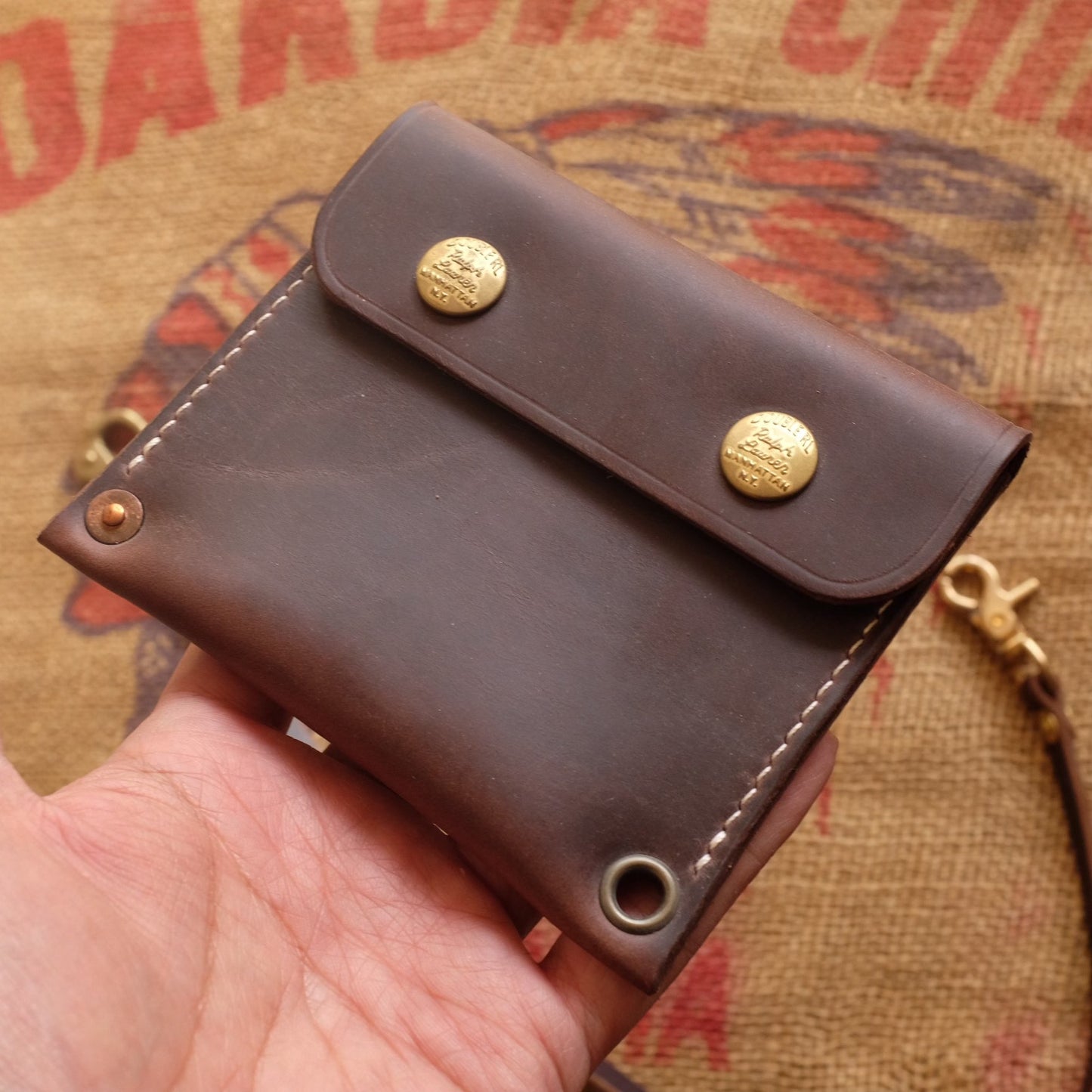 Top-Grain Leather Wallet with Brass Snap Closure and Wristlet Strap