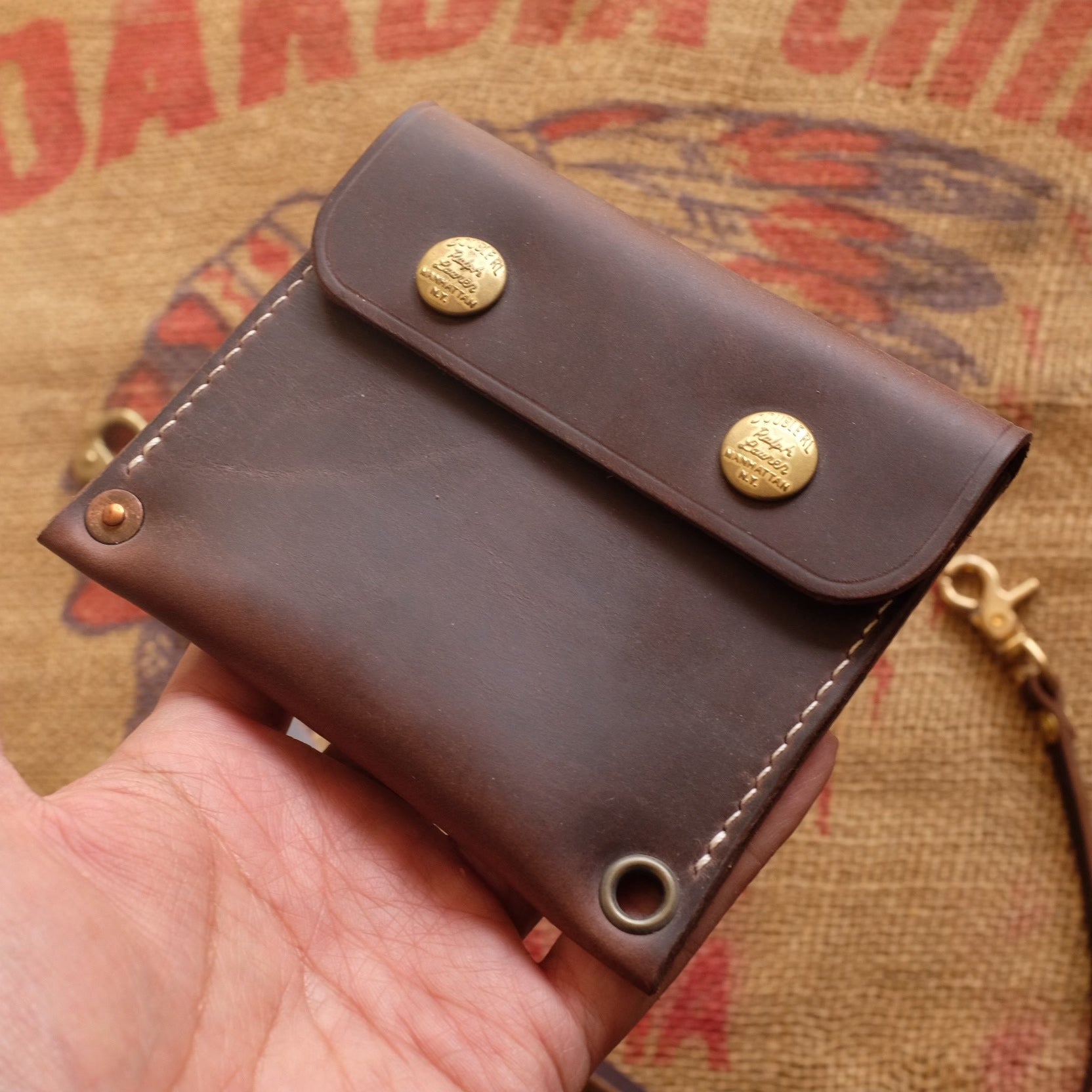 Top-Grain Leather Wallet with Brass Snap Closure and Wristlet Strap