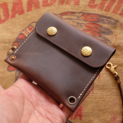 Top-Grain Leather Wallet with Brass Snap Closure and Wristlet Strap