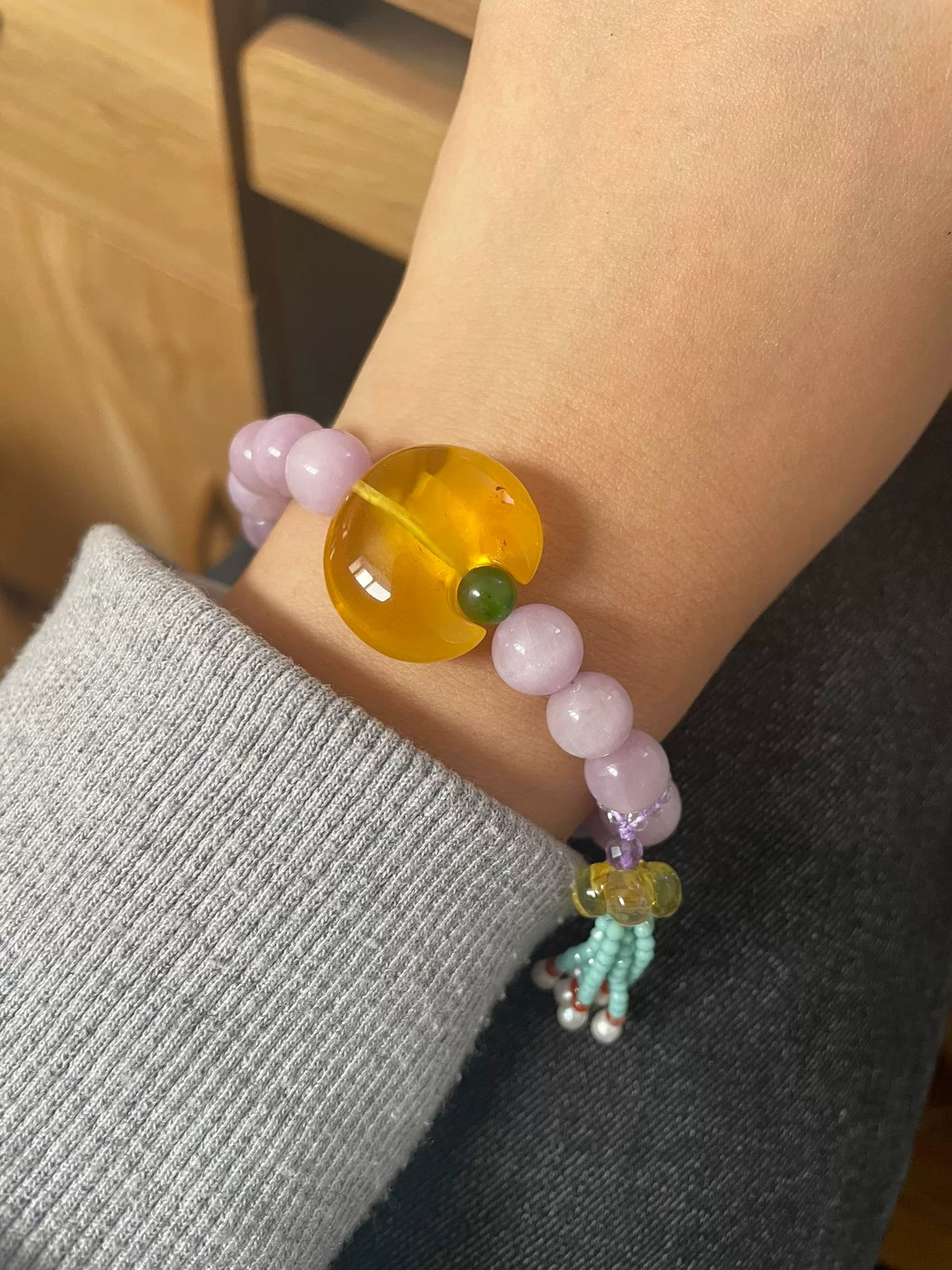 Lavender Kunzite Amber Tassel Bracelet
