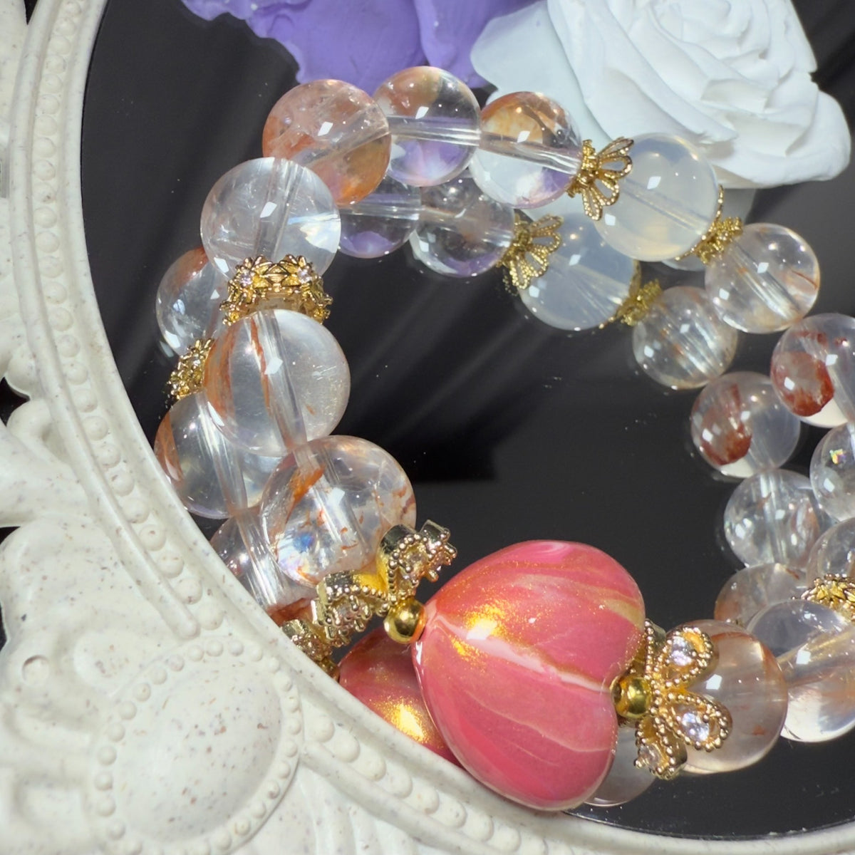 Natuurlijke kristallen kralenarmband met roze hart