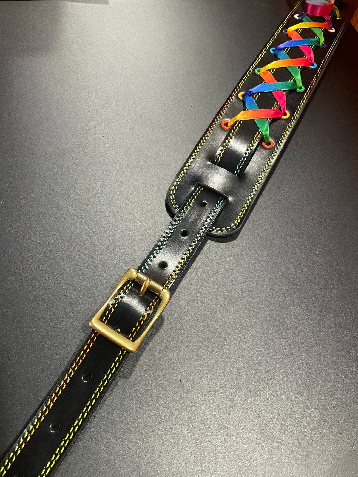 Handcrafted Leather Guitar Strap Rainbow Ribbon