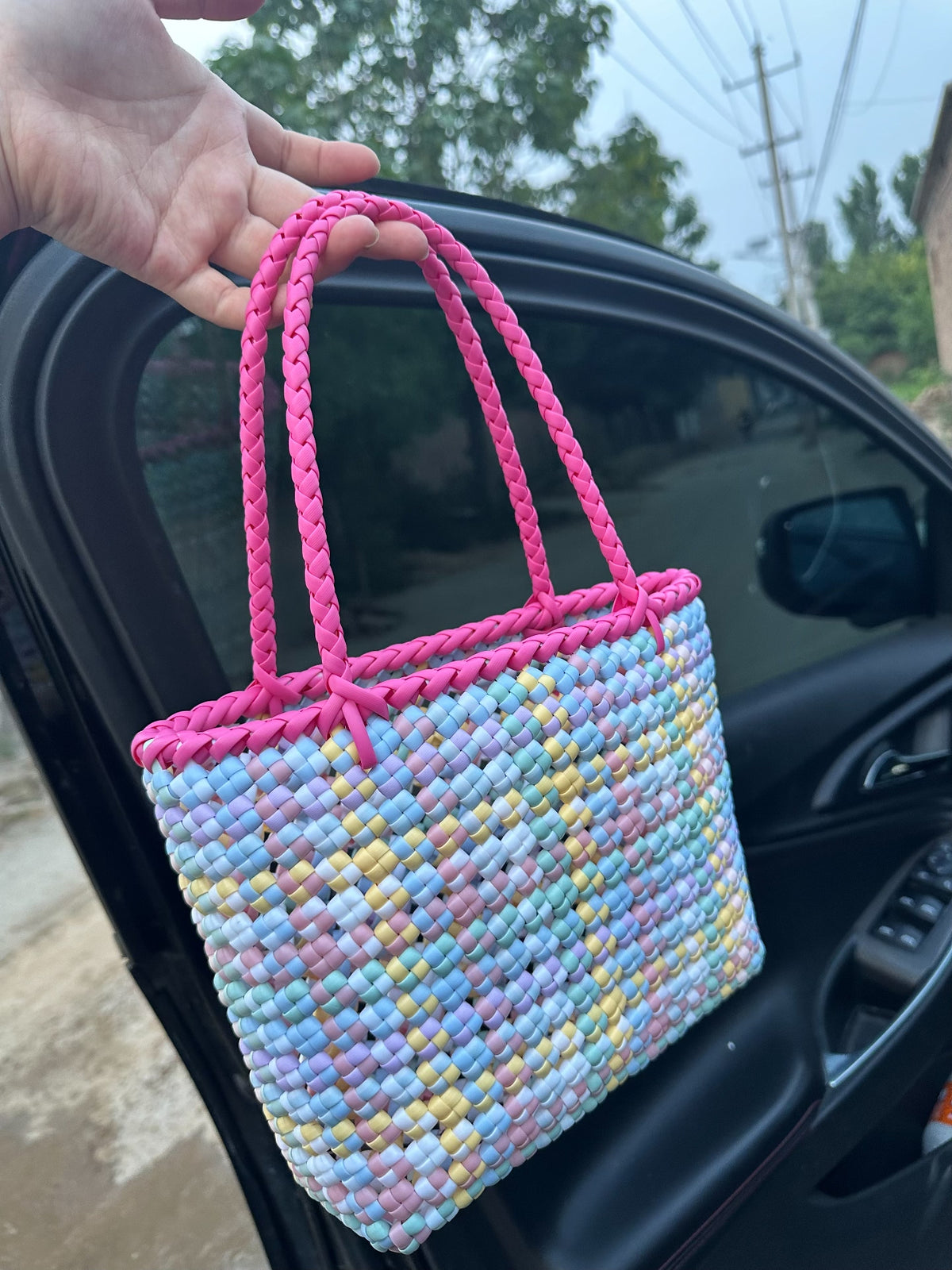 Handgewoven Rieten Tas Pastel Veelkleurig