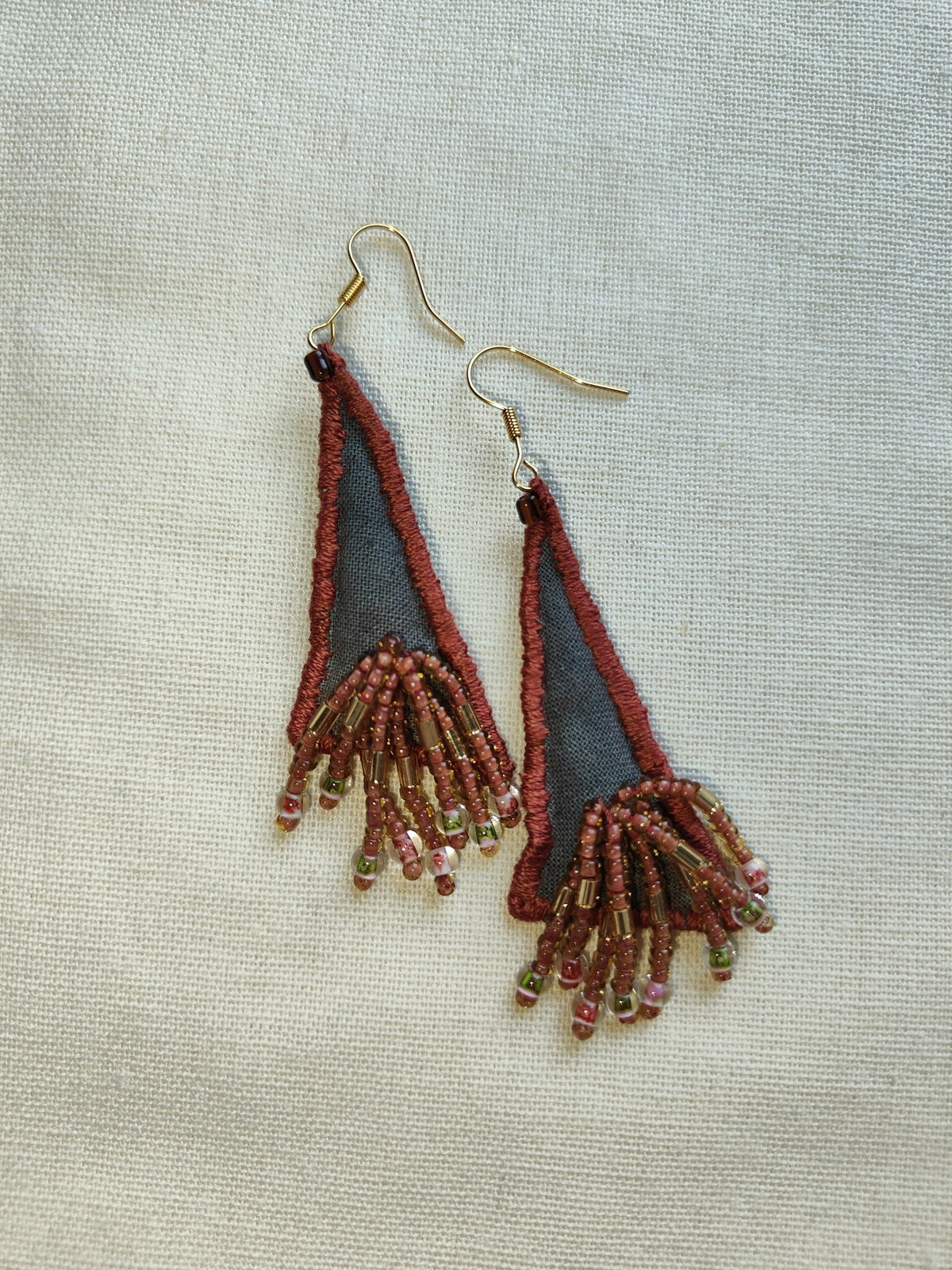 Handmade Fabric Tassel Earrings Gray Beaded
