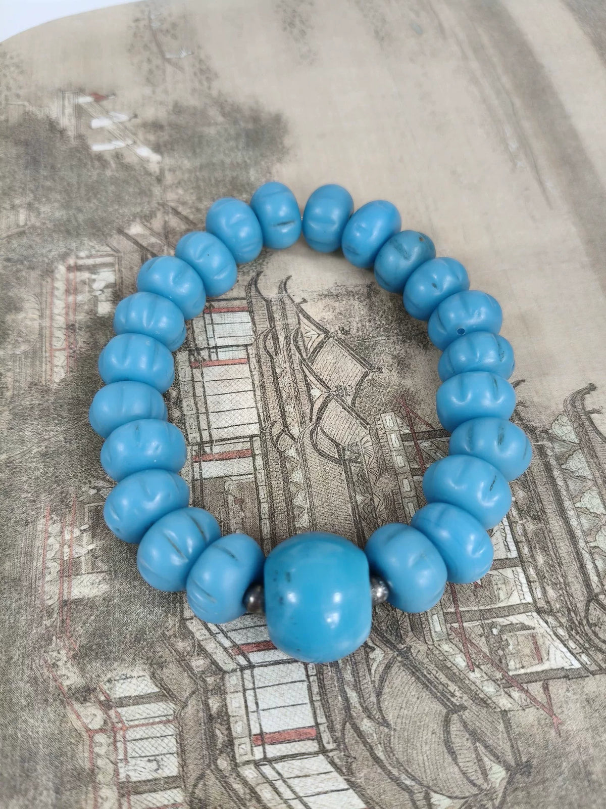 Vintage Liuli Glass Melon Bead Bracelet Turquoise