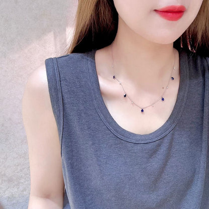 Pt950 Platinum Pear-Shaped Blue Gemstone Necklace with Clear Accents
