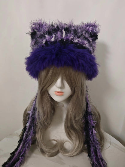 Black and Purple Cat Ear Hat with Detachable Tassels