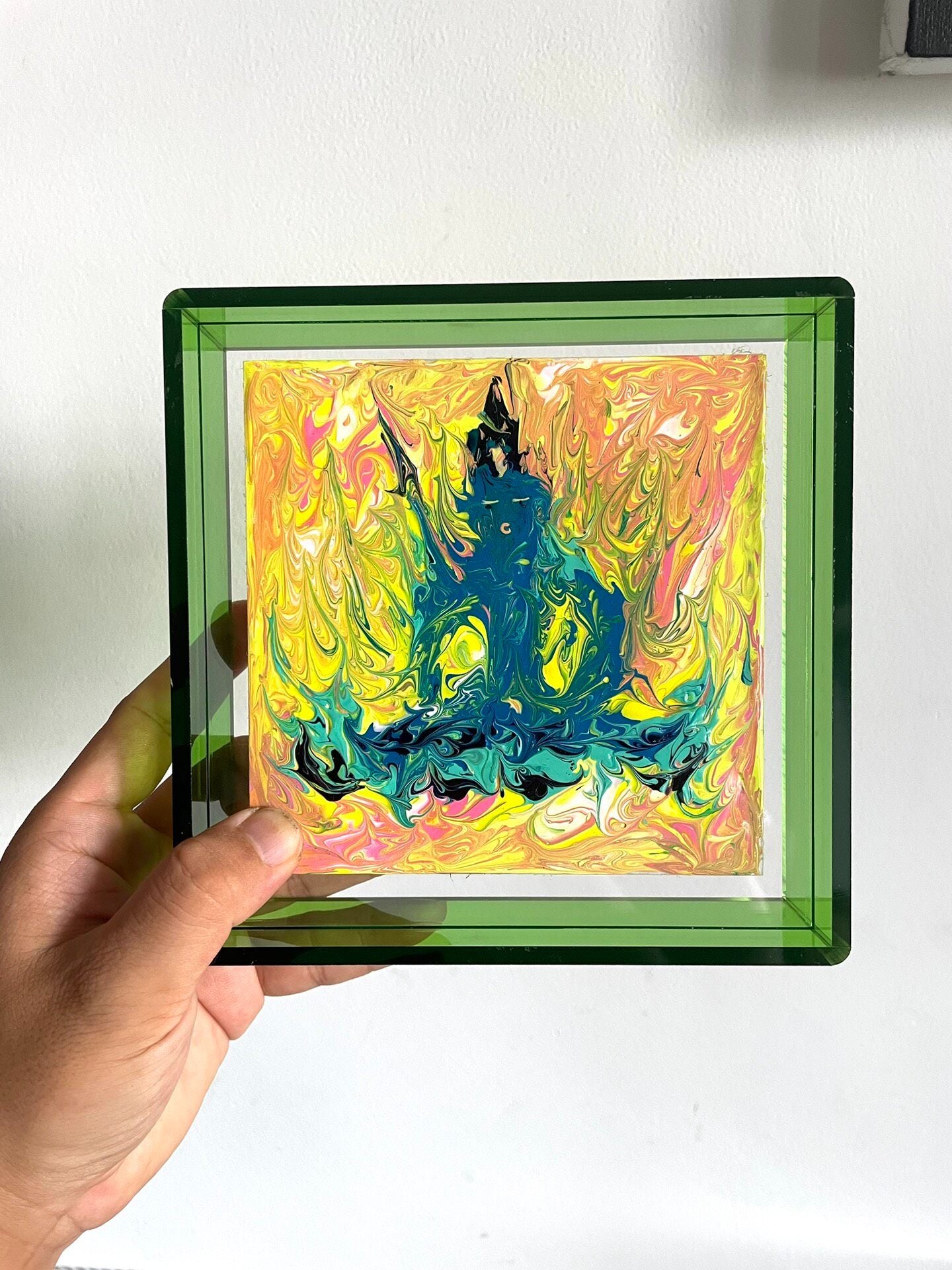 Acrylic Painting of Central Blue Figure in Green Frame