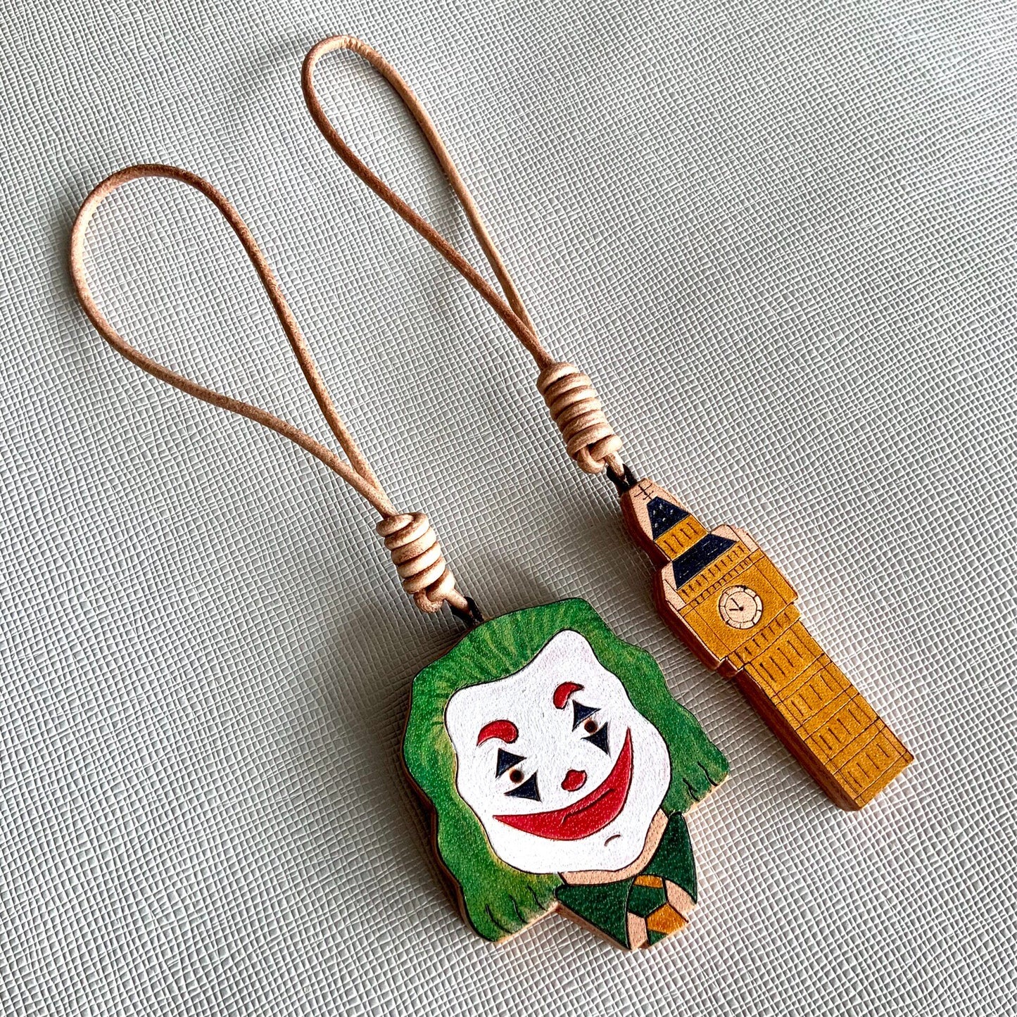 Hand-Painted Leather Joker & Clock Tower Charms for Bag, Key, or Journal
