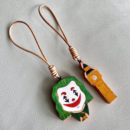 Hand-Painted Leather Joker & Clock Tower Charms for Bag, Key, or Journal