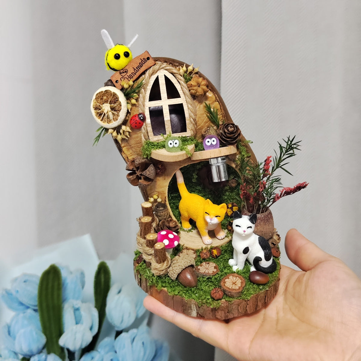 Handcrafted Cat Figurine Diorama in Natural Pod
