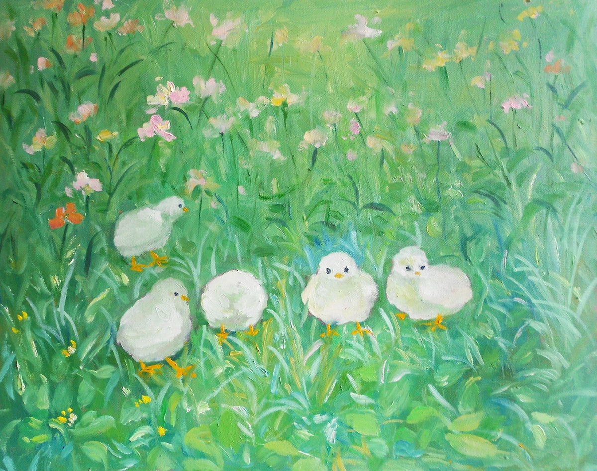 Oil Painting Five Chicks Pastoral Field