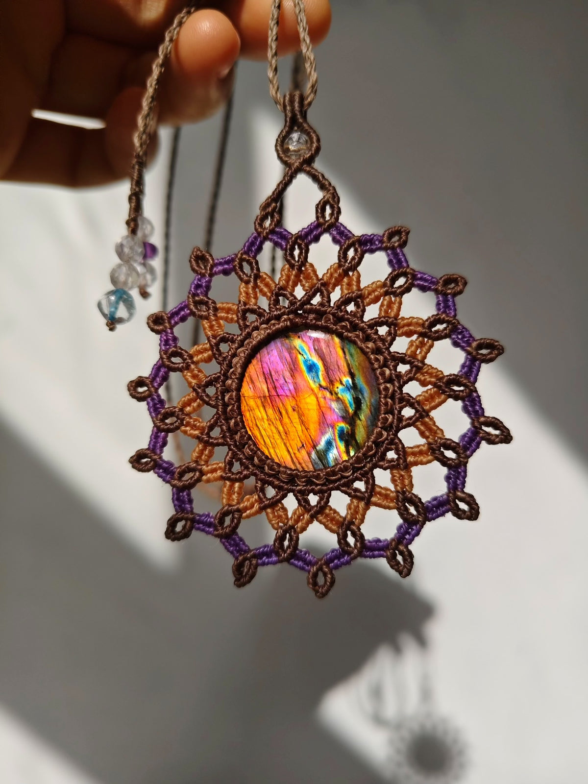 Handcrafted Labradorite Macrame Necklace with Quartz Beads