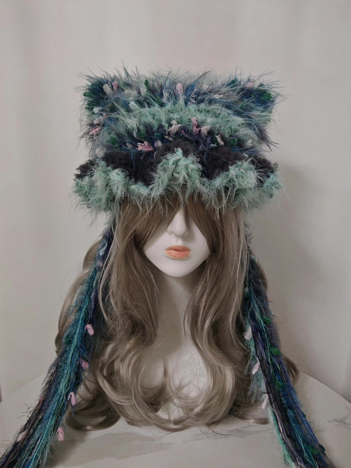 Misty Blue Cat Ear Hat Handcrafted Mixed Fiber