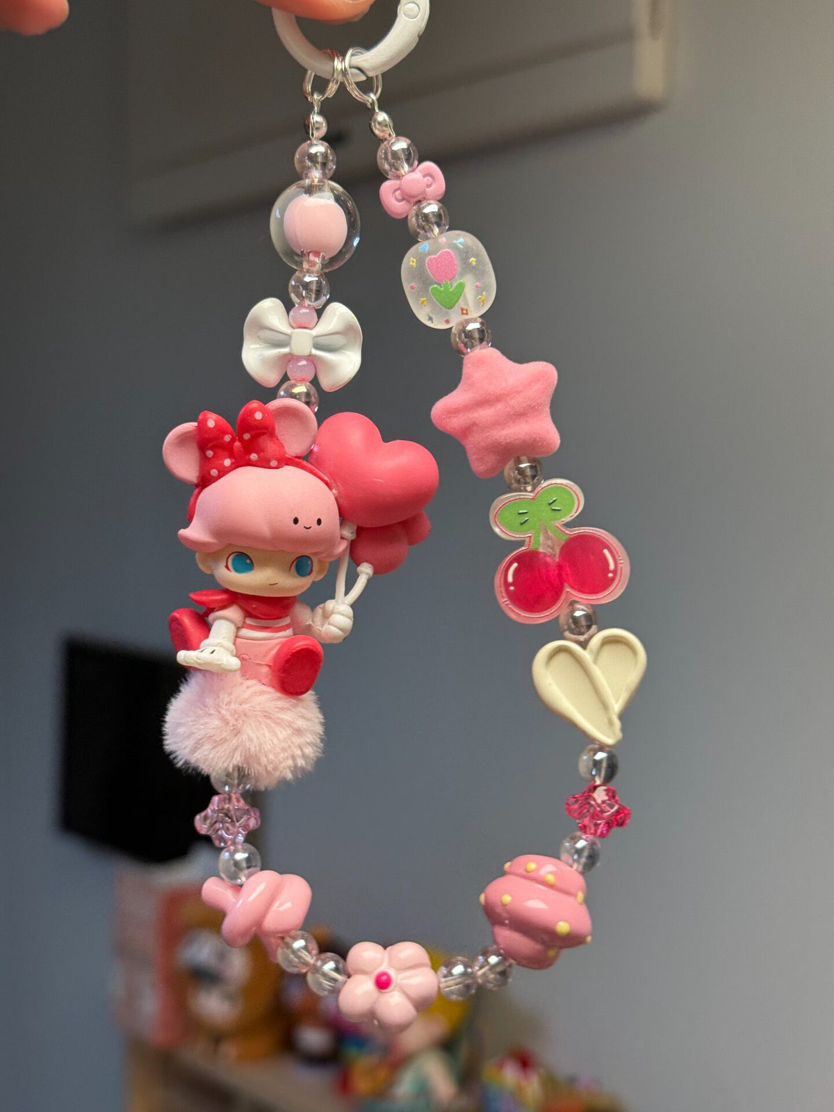 Pink Character Beaded Phone Charm Keychain
