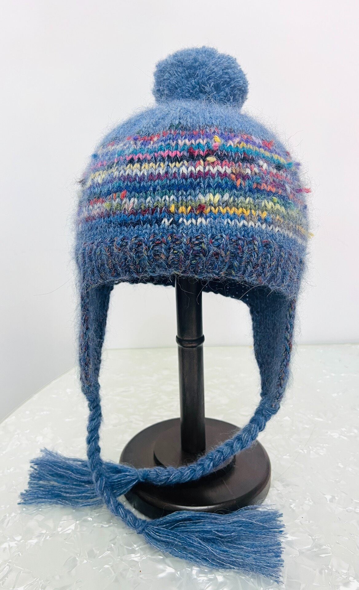 Wool Mohair Earflap Hat with Pom Pom