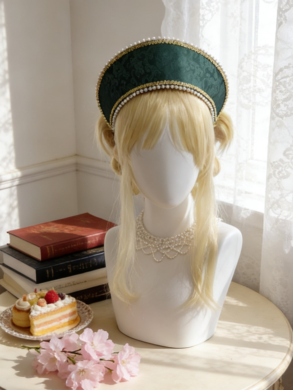 Green Damask Lolita Headpiece with Pearl Trim