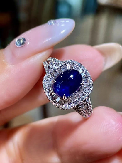 1.91ct Oval Cabochon Sapphire Double Halo Diamond Ring in 18K Gold
