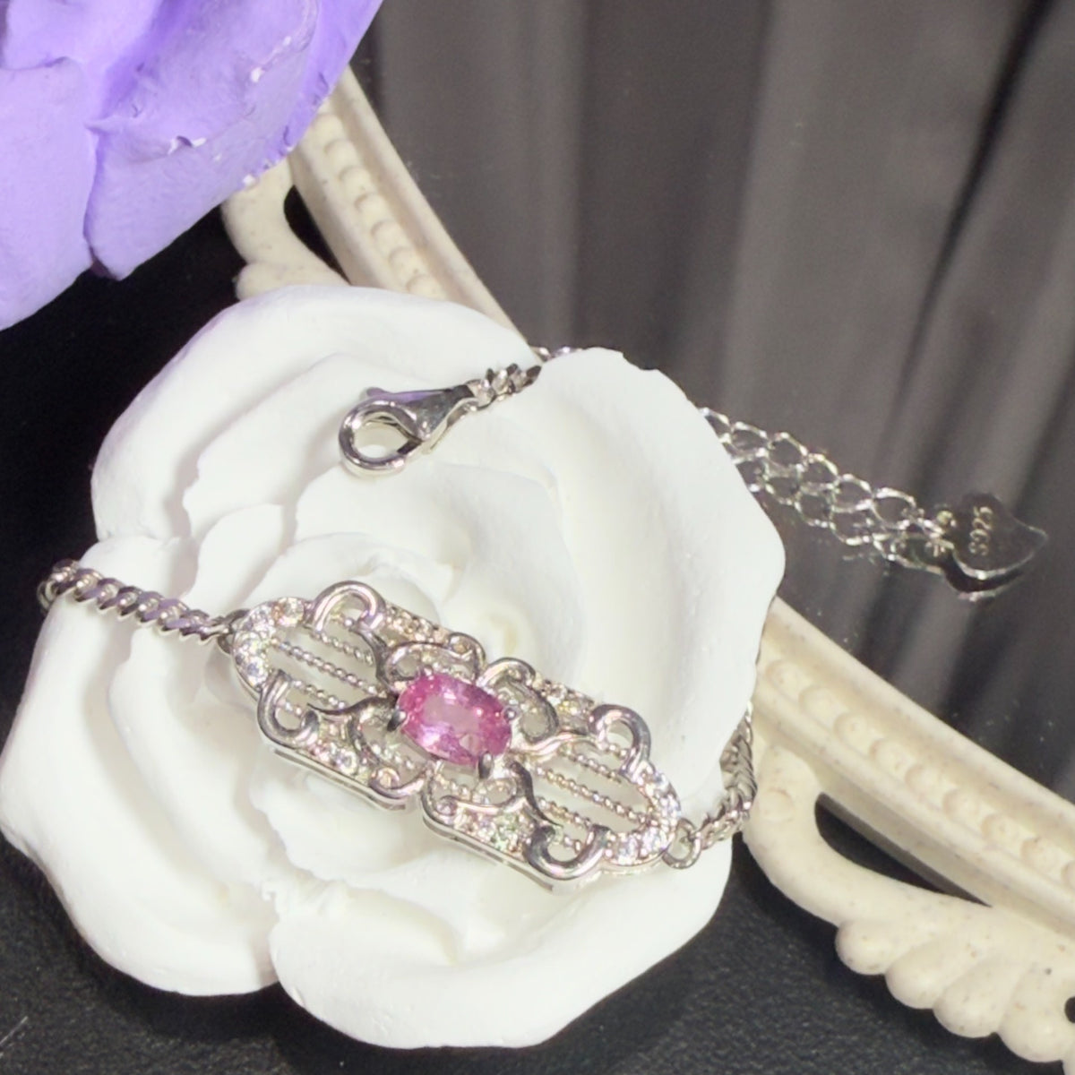 Roze Saffier Filigran Armband 925 Zilver